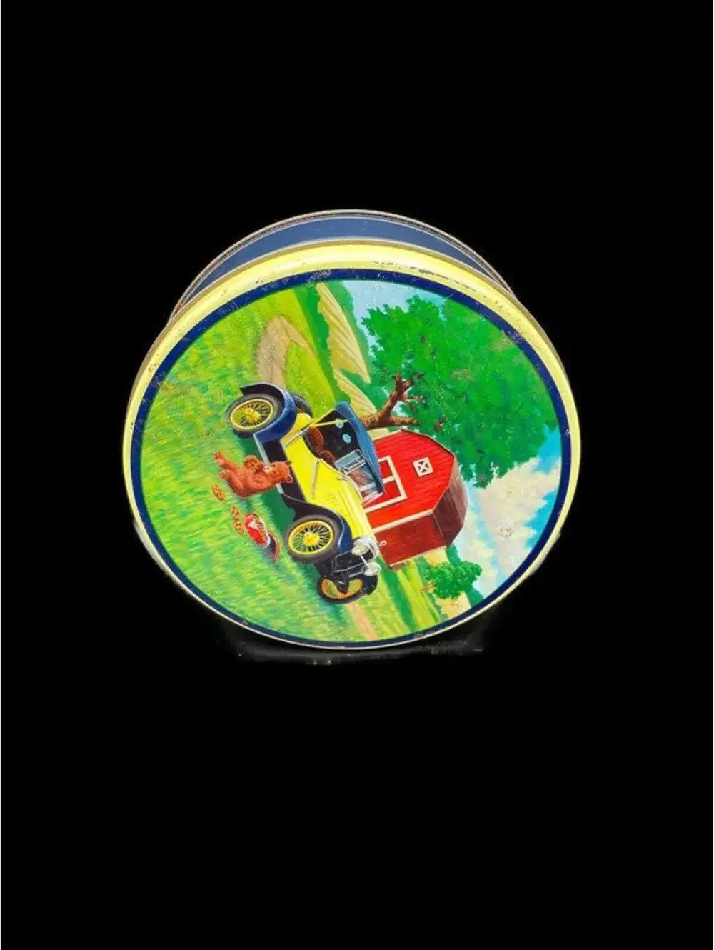 Vintage Cookie Tin: Round Farmhouse Kitchen Storage with Car & Barn